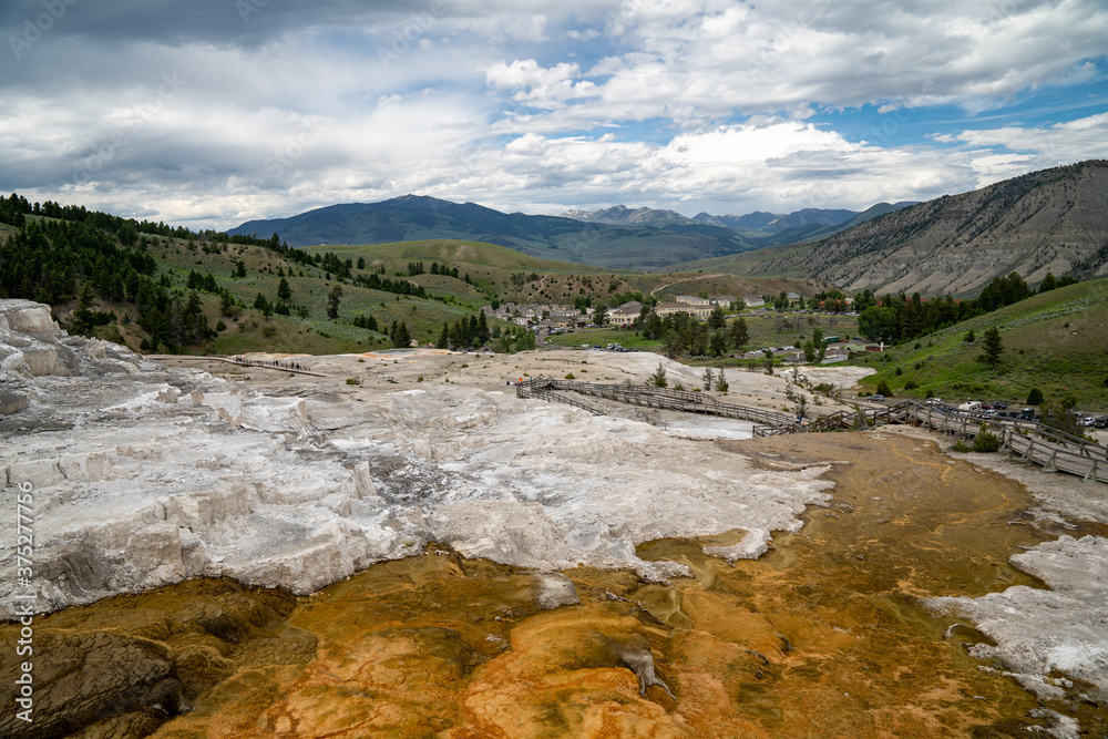 Top down view looking at the network of hiking boardwalks of Mammoth Hot Springs in Yellowstone National Park