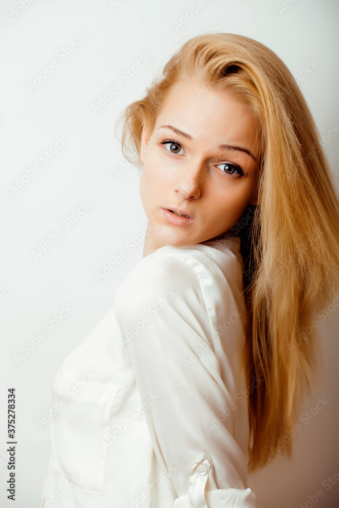 young blond woman on white backgroung gesture thumbs up, isolated emotional posing close up, lifestyle people concept young blond woman on white backgroung gesture thumbs up, isolated emotional posing close up, lifestyle people concept