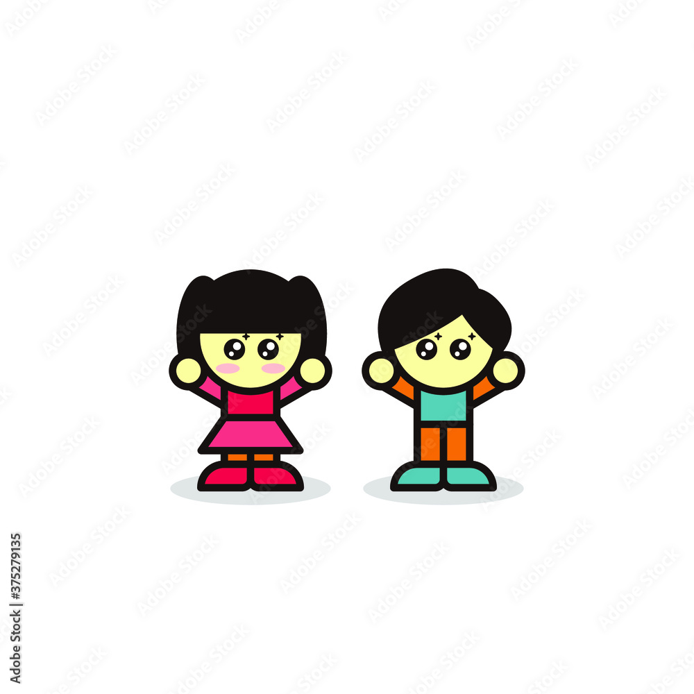 two fun kids boy and girl cartoon character illustration design vector