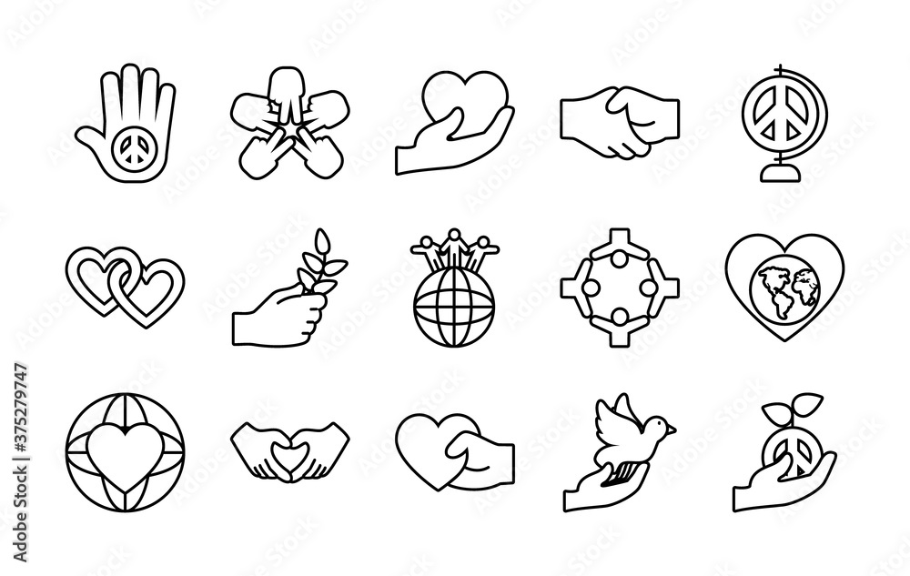 Obraz premium icon set of peace and hearts, line style