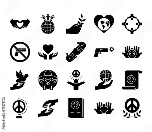icon set of peace and dove, silhouette style