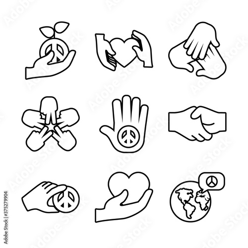 icon set of peace and hands, line style