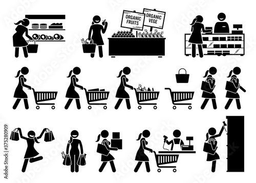 Woman buying meat, fruits, and vegetables at grocery store stick figure icons. Vector illustrations of girl choosing healthy foods at marketplace.