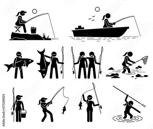 Woman fishing and catching fish by the river, lake, and sea. Vector icons depict a female using fishing rod, net, and spear to catch fishes.
