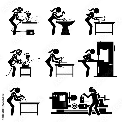 Female metal worker making iron craft with industrial tools and equipment stick figure icons. Vector illustrations of a skillful woman working in a steel workshop or foundry mill.