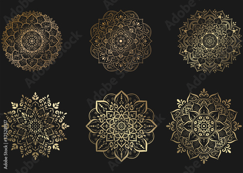 Set of gold mandala with floral ornament pattern,Vector mandala relaxation patterns unique design with nature style, Hand drawn pattern,Mandala template for page decoration cards, book, logos