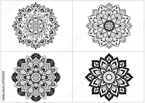 Set of round mandalas isolated on white background. Vector Monochrome Set of Mandalas with floral ornament pattern, Ethnic Decorative Element, Mandala template for page decoration cards, book, logos