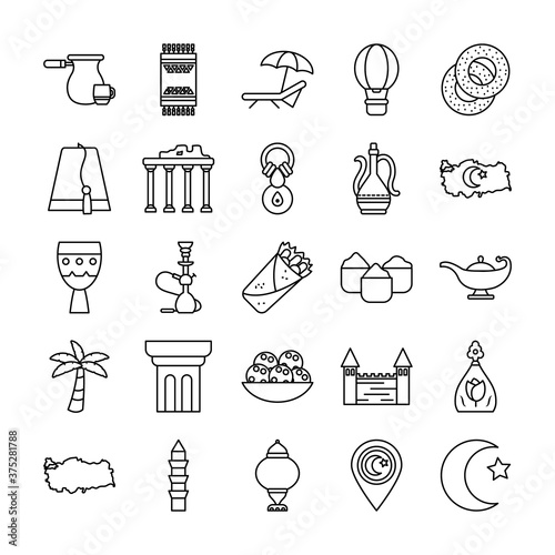 icon set of turkey country and arabian lamp, line style