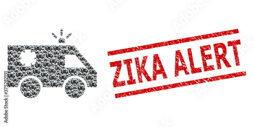 Fractal mosaic emergency car and Zika Alert corroded stamp. Vector mosaic is constructed from recursive emergency car icons. Stamp seal includes Zika Alert caption between parallel lines.