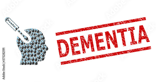 Recursive combination brain tool and Dementia corroded stamp. Vector collage is constructed with recursive brain tool parts. Stamp seal includes Dementia title between parallel lines.