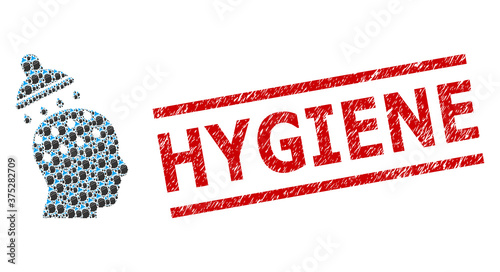 Recursive mosaic brain washing and Hygiene corroded stamp print. Vector mosaic is composed of recursive brain washing icons. Stamp includes Hygiene title between parallel lines.