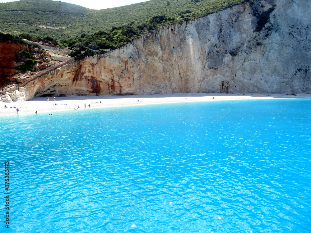 Panoramic view of Porto Katsiki beach in Ionian sea in western Greece. Tourists visit western Greek island for its natural mountainous and Ionian seascape.