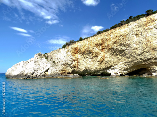 Panoramic view of Porto Katsiki beach in Ionian sea in western Greece. Tourists visit western Greek island for its natural mountainous and Ionian seascape.