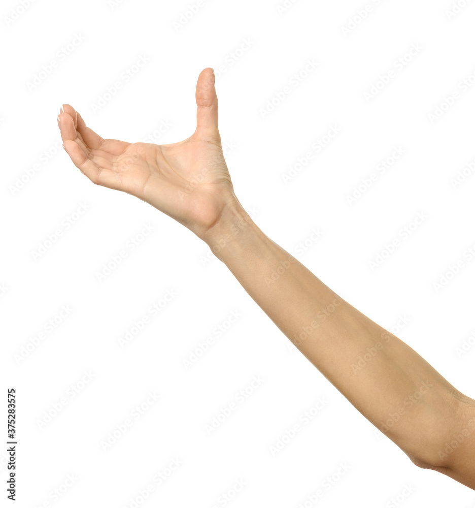 Giving, reaching or holding hand. Woman hand gesturing isolated on white Giving, reaching or holding hand. Woman hand gesturing isolated on white
