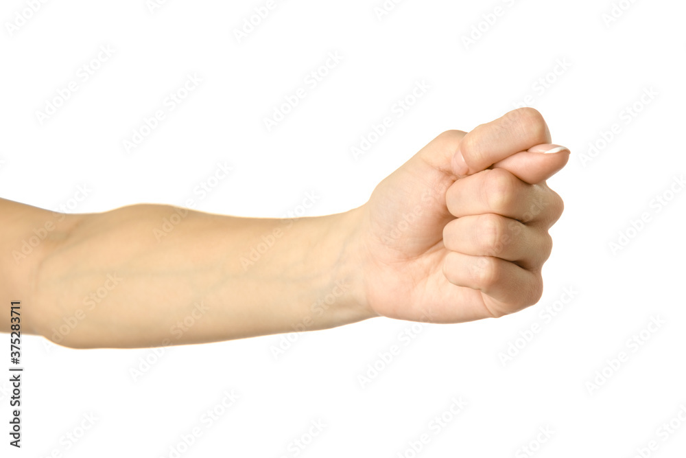 Fig sign. Woman hand gesturing isolated on white Fig sign. Woman hand gesturing isolated on white