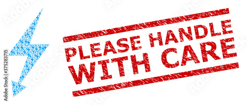 Recursive mosaic electric strike and Please Handle With Care dirty stamp seal. Vector mosaic is designed of recursive electric strike parts.
