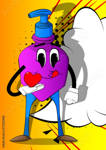 Cartoon bottle of hand sanitizer gel for hygiene with face, holding red heart in his hand.