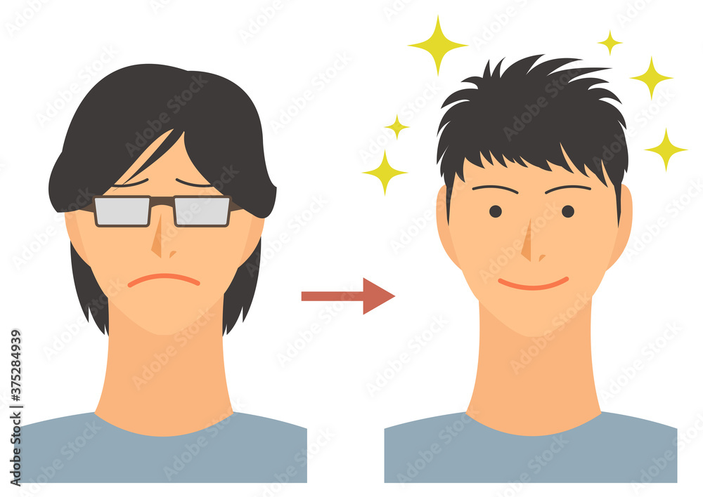 イメチェンに成功した男性のベクターイラスト ロン毛 黒髪ショート Stock Vector Adobe Stock