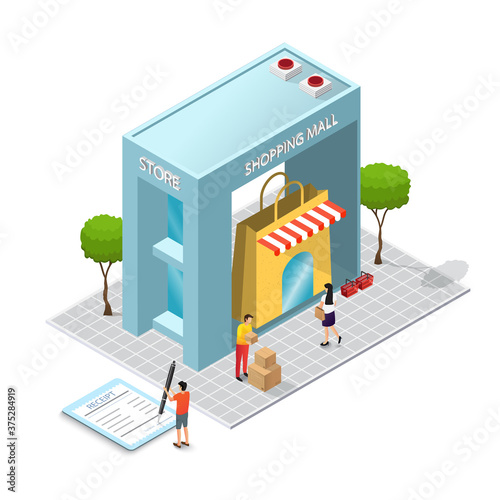 The shopping mall building and consumer concept. Shop construction. Isometry and 3d design. Store model with purchases and goods.