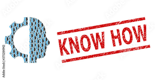 Recursion collage cyborg gear and Know How rubber stamp seal. Vector collage is created of recursive cyborg gear icons. Stamp seal includes Know How tag between parallel lines.
