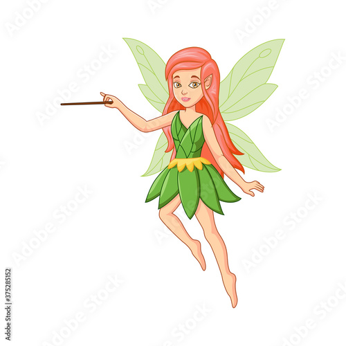 Cartoon little green fairy with magic stick