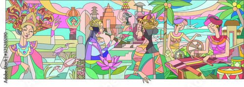 Balinese dancers with pop art color styles that are great for posters, wallpapers, graphics, interiors