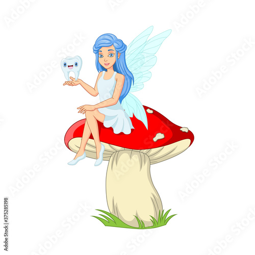 Cartoon little tooth fairy sitting with a tooth on the mushroom