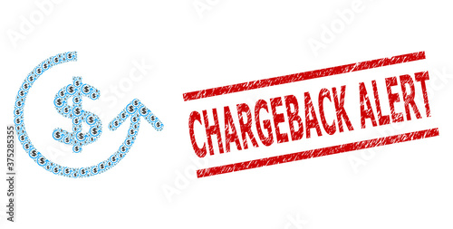 Recursive collage chargeback and Chargeback Alert corroded stamp print. Vector collage is created with random chargeback icons. Stamp seal includes Chargeback Alert tag between parallel lines.