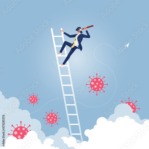 Businessman Looking Forward Overcome the corona virus crisis-Business vision concept, Businessman standing on ladder and use telescope looking for target business 