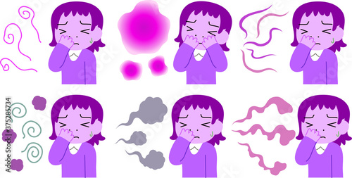 Purple Woman troubled in stinking smell set