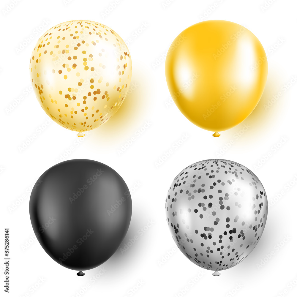 Golden and black confetti balloons isolated vector illustration set