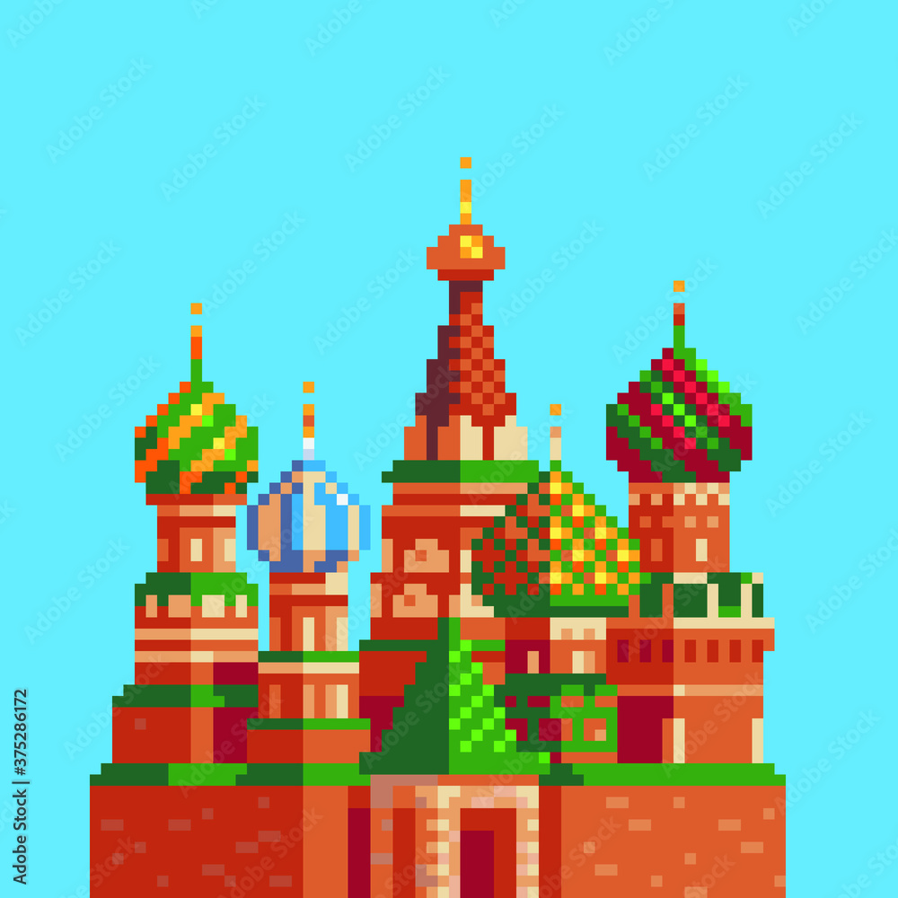 St. Basil cathedral on Red Square in Moscow. Russia tourism landmark. Pixel art icon. Stickers design. Isolated vector illustration.