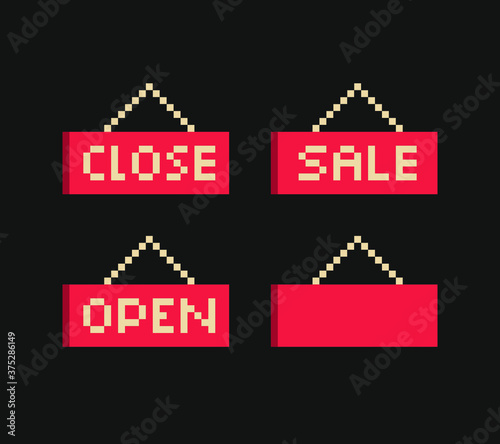Open closed door sign retail store, sale tags, pixel art icon, isolated vector illustration. 8-bit. Design for stickers, logo, app.