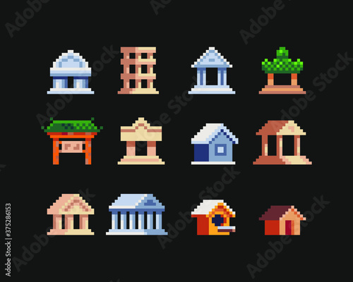 Building tiny 8-bit pixel art icons set. Design for logo, web, sticker, app, badges and patches. Isolated vector illustration.
