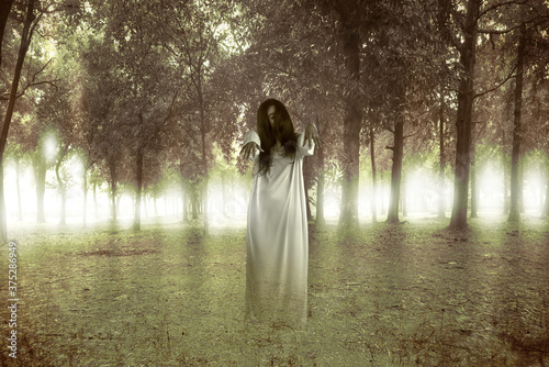 Scary ghost woman standing with haunted forest background