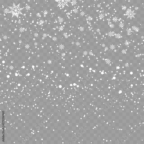 Christmas background with falling snowflakes on transparent background. Vector.