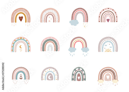 Trendy rainbows in boho style in different color. Rainbows with cloud, sun, stars and hearts. Children illustrations for holidays. Doodle art elements. Modern vector illustration.