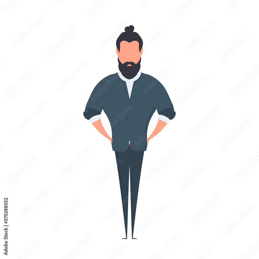 Bearded businessman in cartoon style. The man holds his hands on his belt. Isolated. Vector. Bearded businessman in cartoon style. The man holds his hands on his belt. Isolated. Vector.