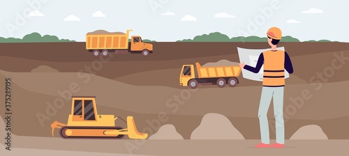 Vector illustration of an industrial quarry with a worker and heavy machinery.