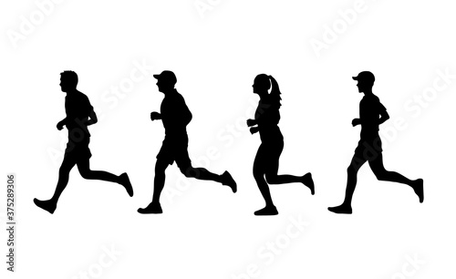 Runners silhouette  silhouette group of 4 joggers running together  vector silhouette graphics isolated on white background.