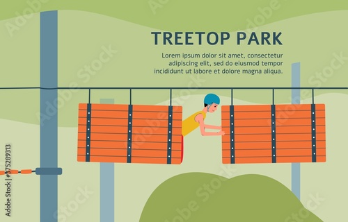 Treetop rope park banner template with cartoon man on obstacle course