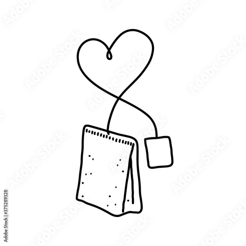 Tea bag infusion doodle with tea bag string shaped like a heart or love symbol, hand drawn vector doodle drawing isolated on white background.
