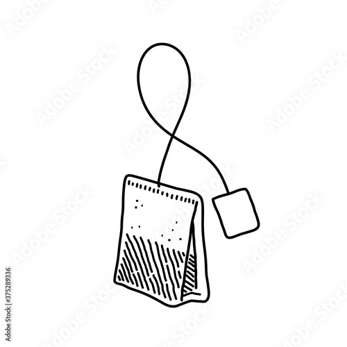 Tea bag doodle, a hand drawn vector doodle drawing of a tea bag isolated on white background.