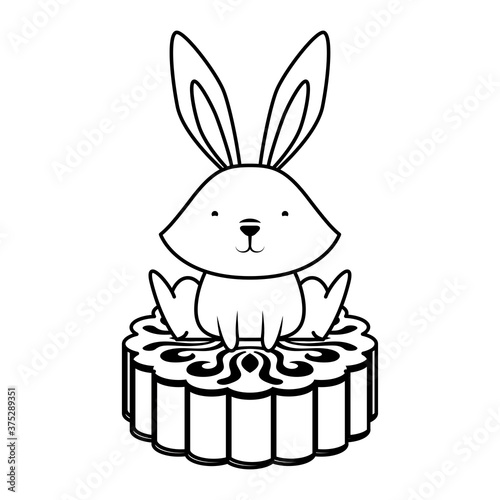 cute easter little rabbit with chinese coin character line style icon