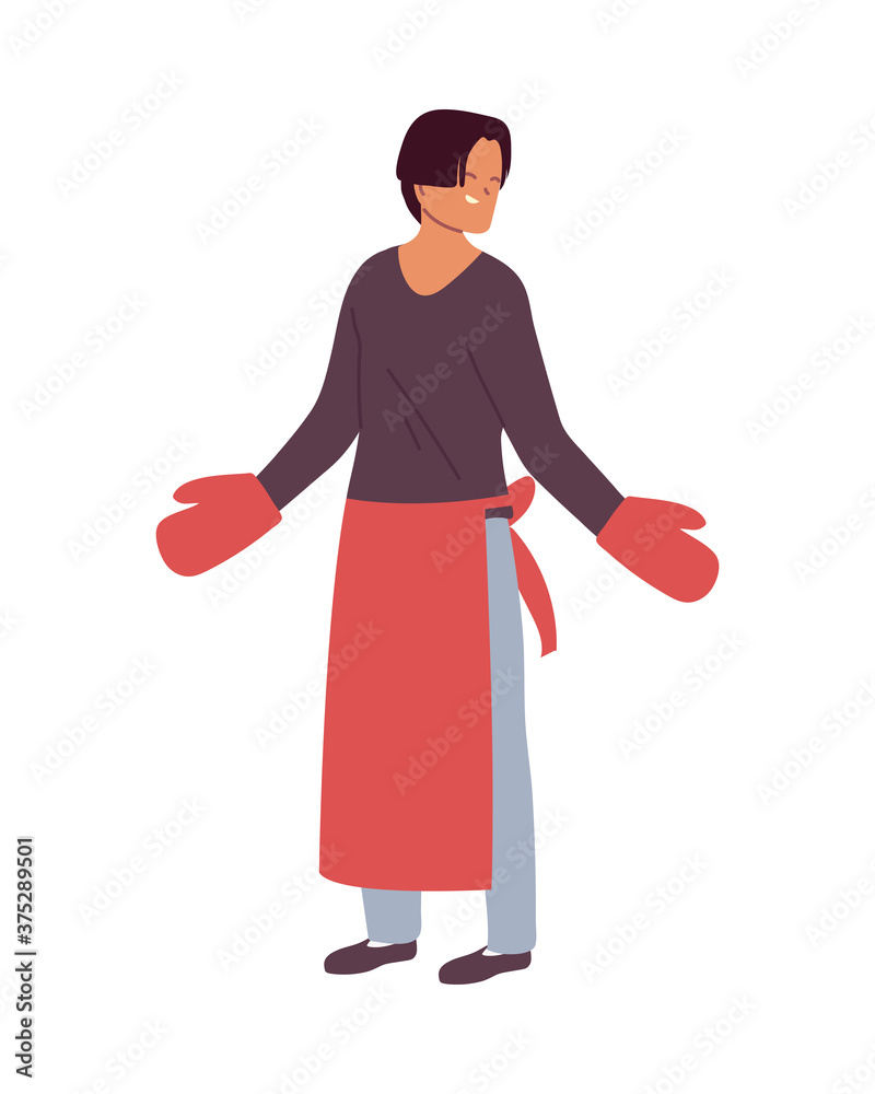 Young cook man with gloves and red apron on white background