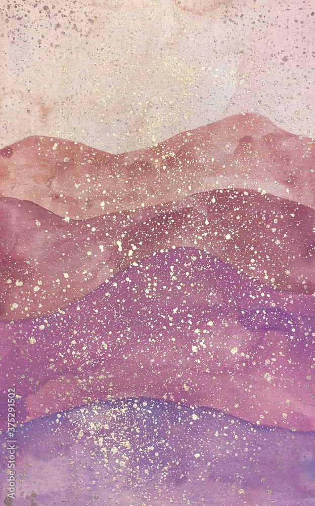 Fototapeta premium Mountain print. Painted in watercolors in dusty pink with gold sparkles