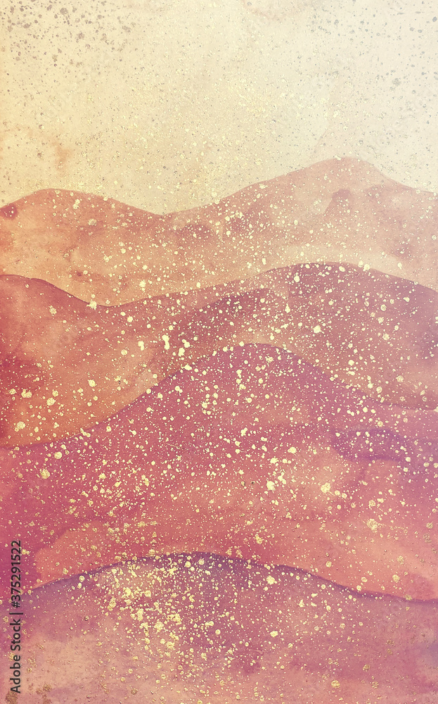 Obraz premium Mountain print. Painted in watercolors in dusty pink with gold sparkles
