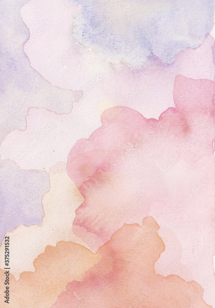 Pink clouds painted by watercolor. Delicate transparent background with sunset sky