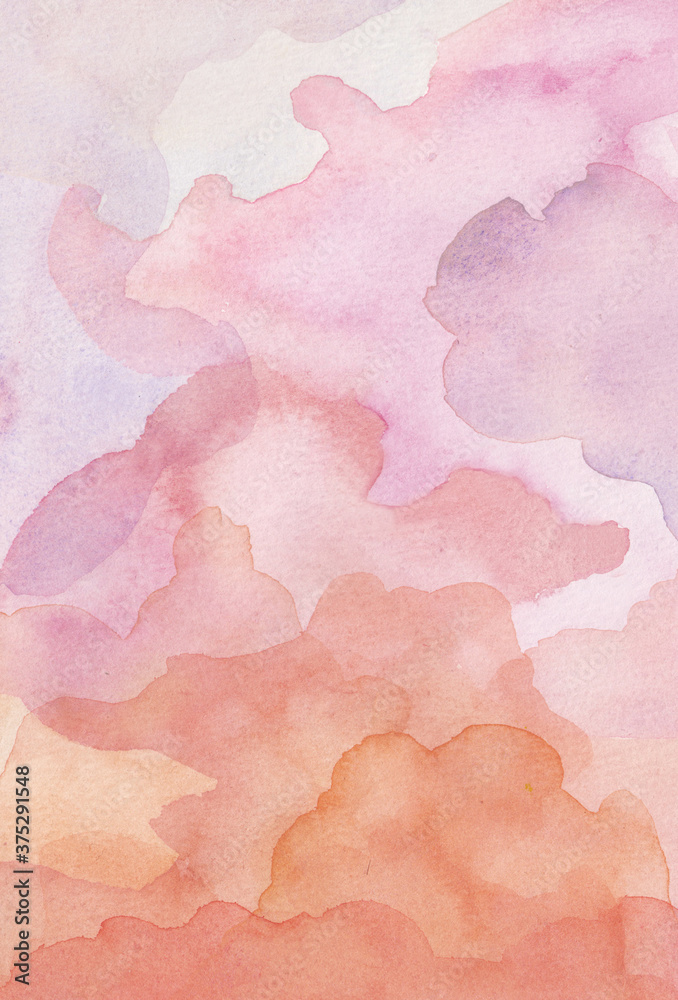 Pink clouds painted by watercolor. Delicate transparent background with sunset sky