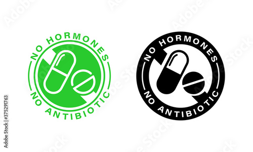 Certificate seal. No hormone. Natural product. Fresh nutrition. Healthy antibiotics free products. Vector on isolated white background. EPS 10